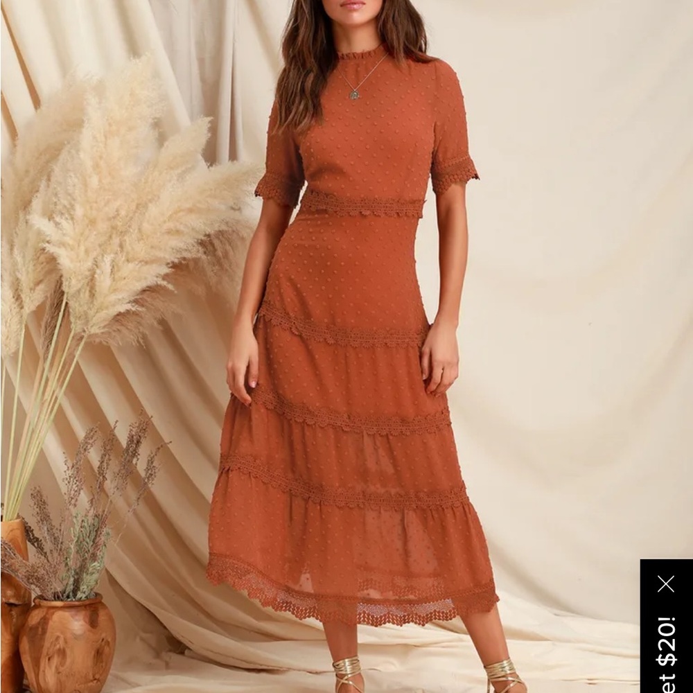 Dreaming of You Rust Orange Swiss Dot Midi Dress